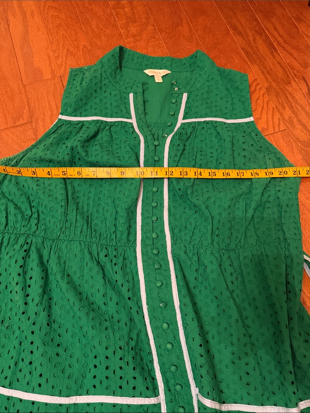 TULANE Sleeveless Green Eyelet Fit-and-Flare Dress with Light Blue Trim L - Picture 4 of 5